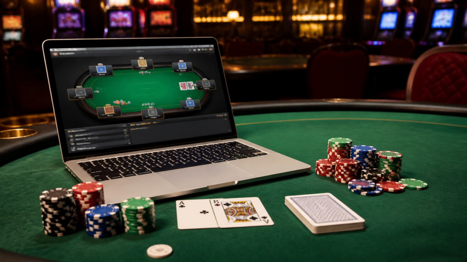 Best Online Poker Sites: How to Choose Wisely Poker table with chips, cards, and an online poker lobby on a laptop