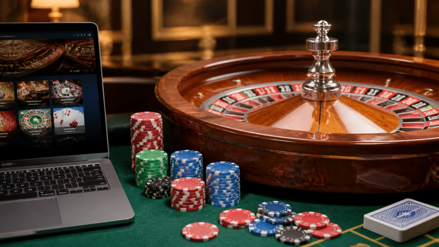 What makes a betting site worth using?: online betting sites Laptop and casino chips beside a roulette wheel for online betting sites