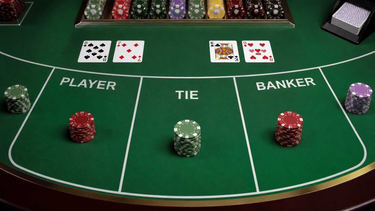 Luật cơ bản và diễn biến của một ván baccarat: baccarat trực tuyến Bàn baccarat với bài tây, phỉnh và các cửa cược Người chơi, Nhà cái, Hòa