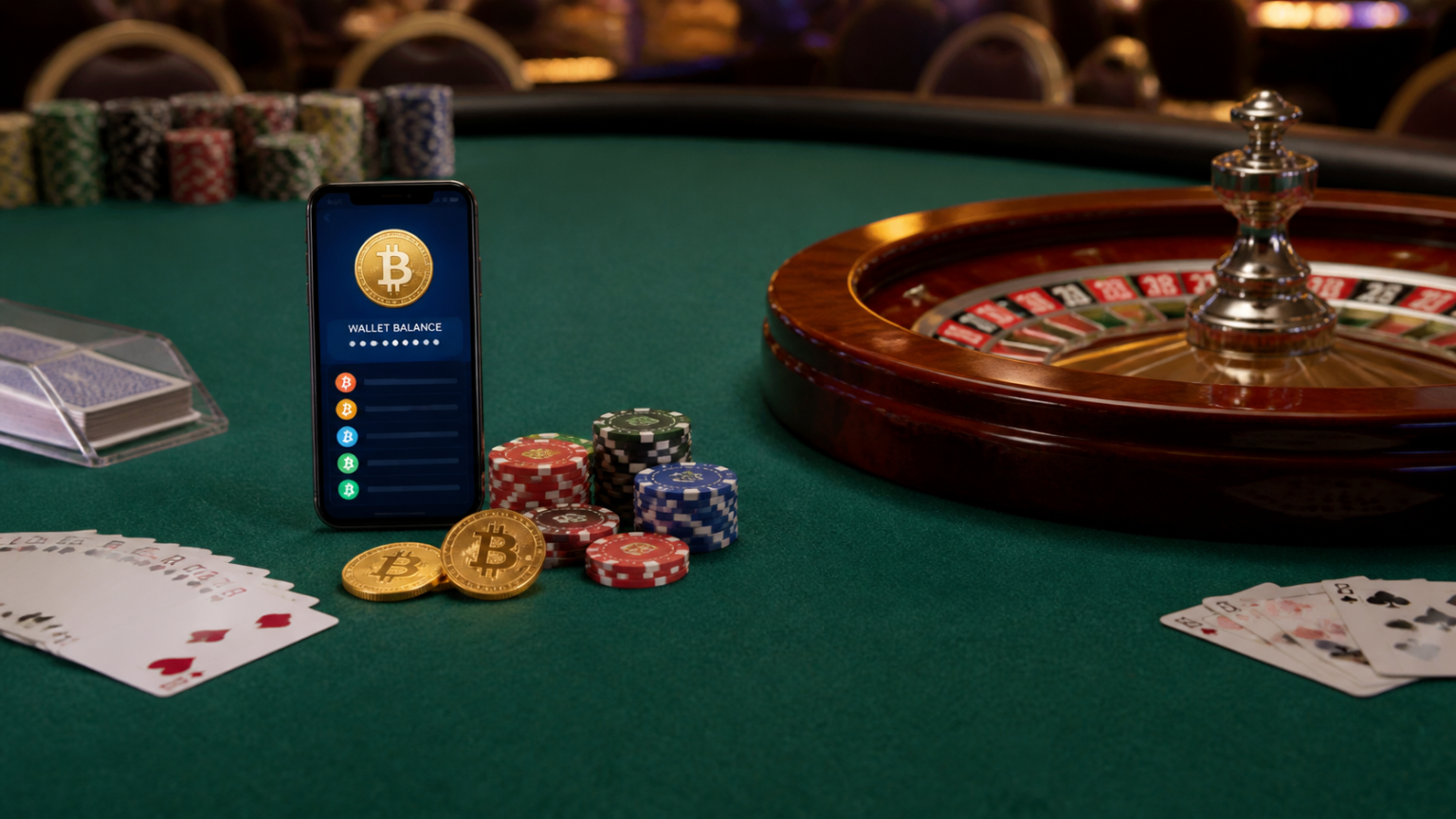 オンラインカジノ本人確認不要と決済セキュリティについて詳しく解説 Casino table with crypto wallet and gaming chips