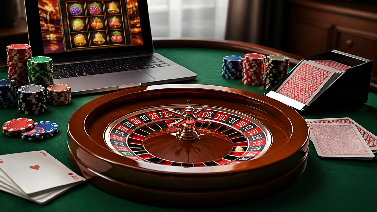 sg online casino Guide: What Players Should Know Online casino gaming setup with cards, chips, and slot game on a screen