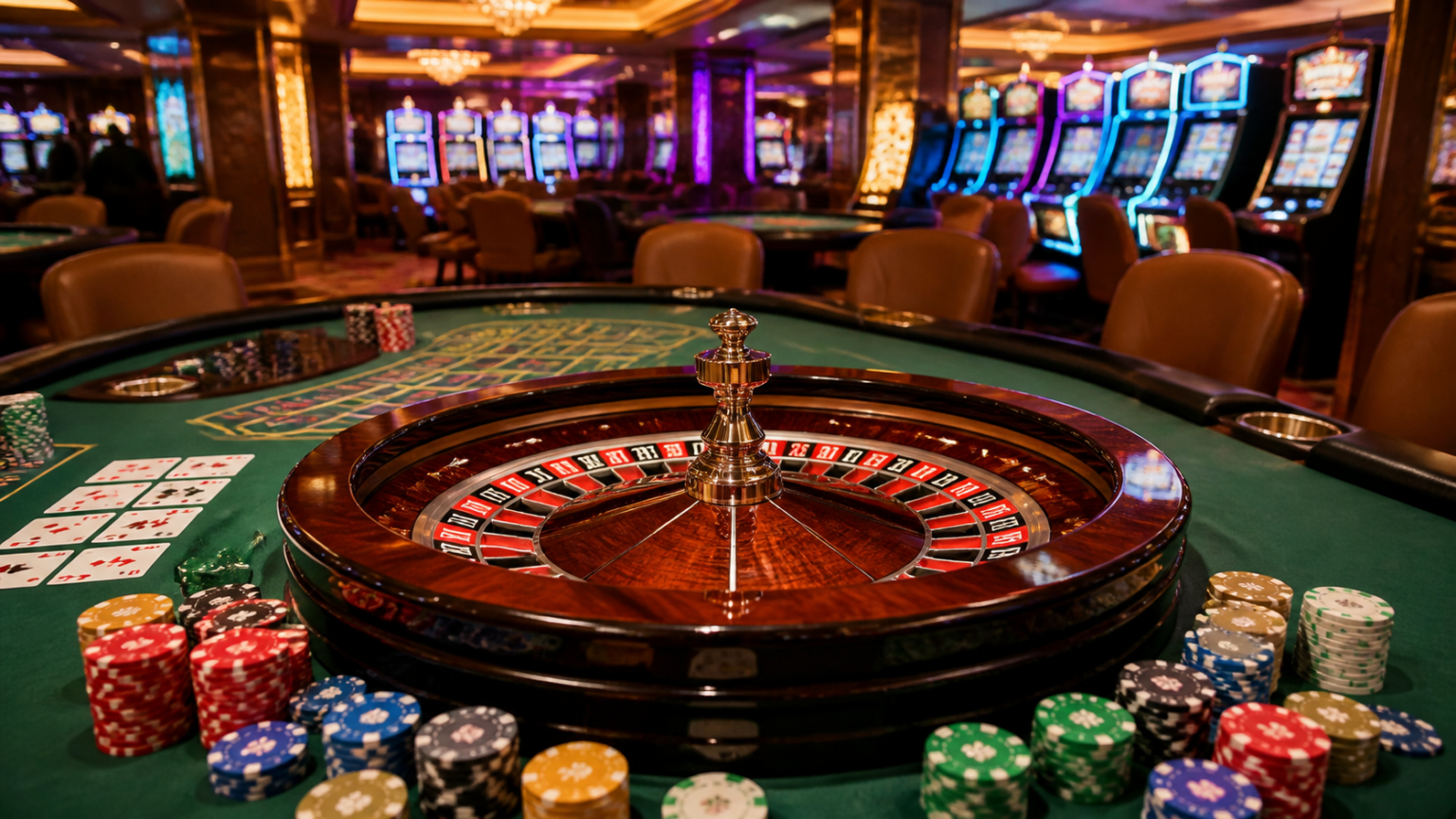 Top Online Casinos: How to Choose Safely and Play Smart Casino table with cards, roulette wheel, and slot machine lights