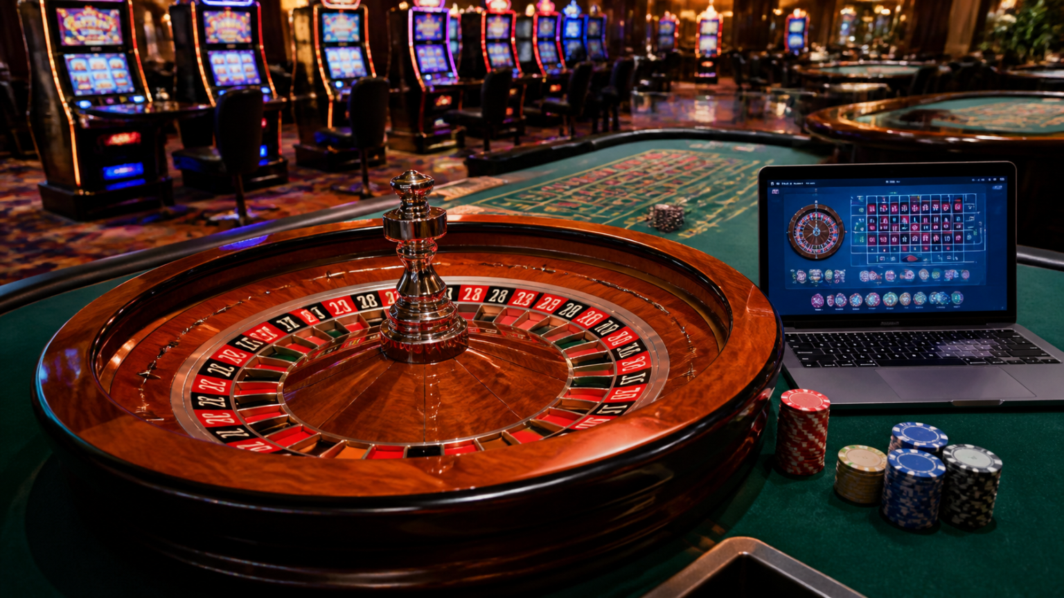 Top Online Casinos: What to Look for Before You Play Online casino gaming setup with roulette wheel and laptop
