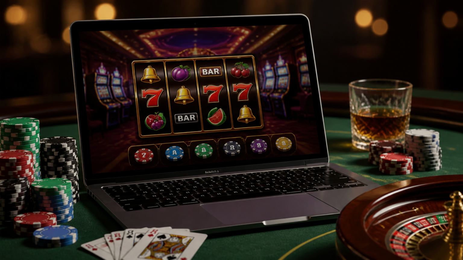 เจาะลึกเว็บต่างประเทศกับรูปแบบการเดิมพันคาสิโนออนไลน์ยุคใหม่ Online casino interface on a laptop with slot reels and chips