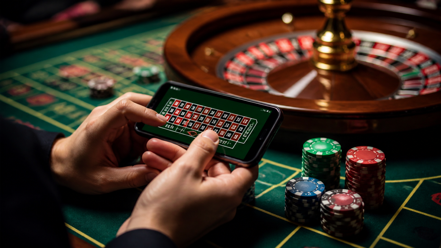 Understand the activity before you play: online betting Singapore Smartphone showing betting odds beside a casino roulette table