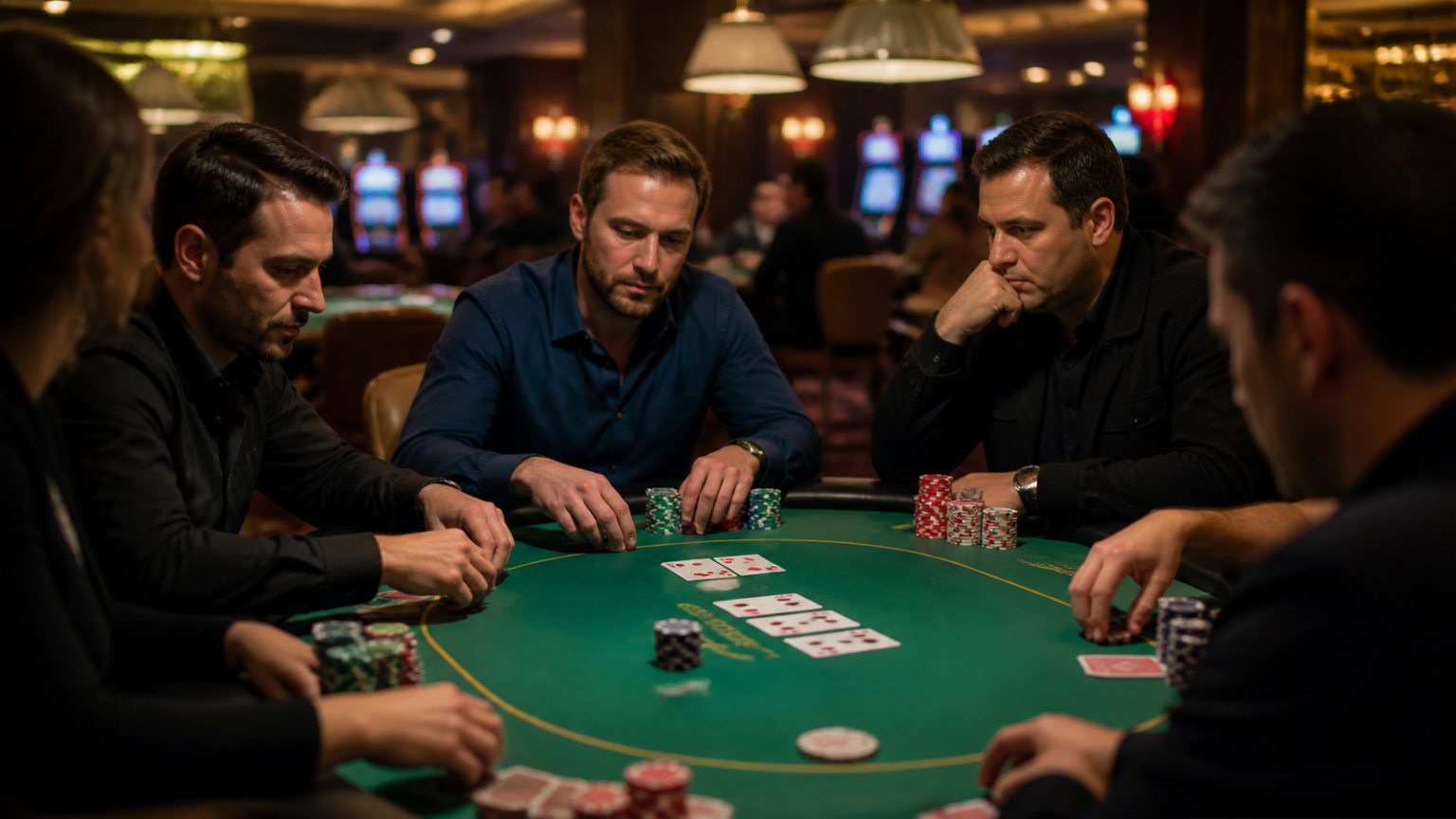 Playing โป๊กเกอร์ เงิน จริง: A Practical Guide for Players Poker table with chips and cards in a casino setting